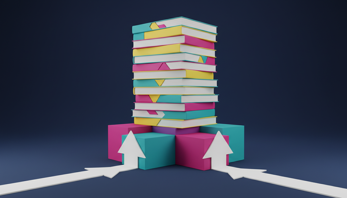 Colorful stack of books and upward arrows representing a clear digital action guide
