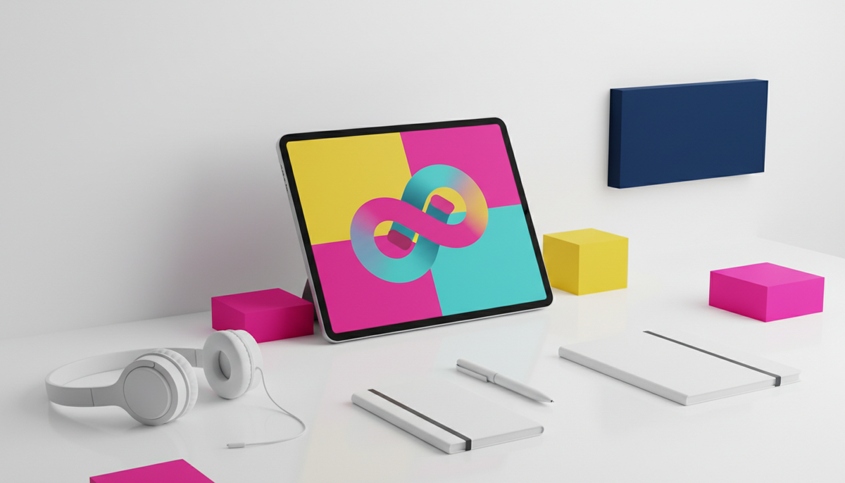 Tablet displaying a colorful digital guide layout with clean geometric design elements